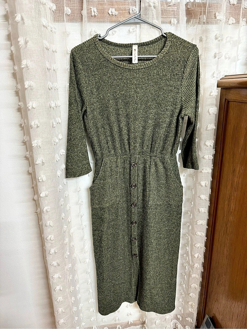 Vanilla Bay Olive Green Knit/Waffle Button Front Midi Knit Dress